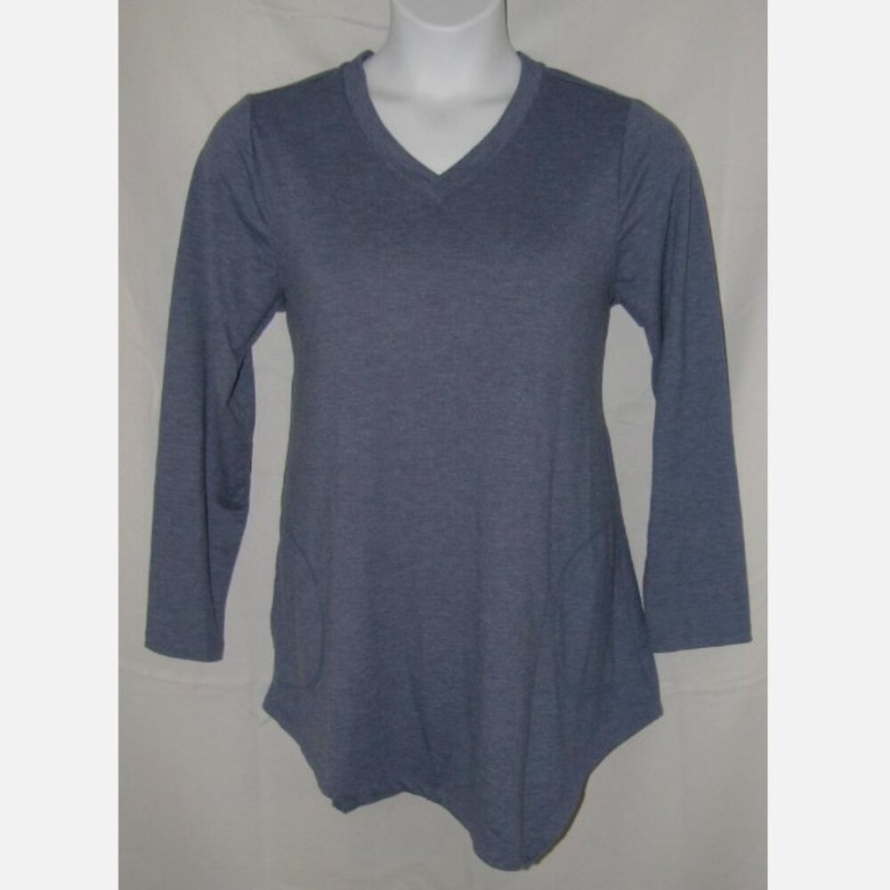 LOGO LORI GOLDSTEIN Blue Sz Large Uneven Hem Soft Stretchy Tunic Shirt Pockets